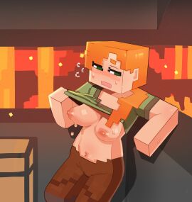 alex_(minecraft) blush breasts female ginger lifting_shirt minecraft nipples square_head sweat void_dot_exe