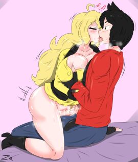 black_eye black_hair blonde_hair breast_grab breasts cat_ears closed_eyes clothed cowgirl_position female jin_satou original_character prosthetic_arm pussy rwby sex sitting tongue_kiss vaginal_penetration yang_xiao_long zronku
