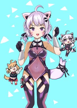 3girls :d >_< ahoge animal_ears arms_up bangs black_dress black_footwear black_gloves blonde_hair blue_background blush bow braid breasts brown_hair cat_ears cat_girl cat_tail catgirl chibi cleavage cleavage_cutout closed_eyes dress eyebrows_visible_through_hair face_markings fang female female_only fox_ears fox_tail garter_straps gloves hair_between_eyes light_purple_hair long_hair looking_at_viewer medium_breasts micro_female multiple_females multiple_girls navel open_mouth orange_hair pink_hair purple_eyes purple_hair purple_legwear red_eyes siblings silver_hair single_thighhigh sleeveless sleeveless_dress smile squchan_(vtuber) standing standing_on_one_leg tail thighhighs tongue twin_braids virtual_youtuber vyugen xd