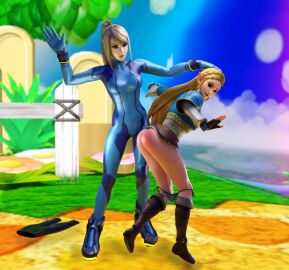 2girls 3d ass ass_focus bare_ass blender blonde_hair bodysuit discipline dominant_female elf_ears female femdom kinkblink lezdom naughty nintendo outdoors pants_down princess_zelda punishment samus_aran self_upload slapping_butt spank_marks spanked_butt spanking submissive super_smash_bros. video_games yuri
