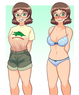 1girls big_challenges_(sanrio) blush bra braces breasts embarrassed female lingerie mary_(uc-four) nerd nerdy_female orangemint_4444 original original_character panties sanrio tagme uc-four