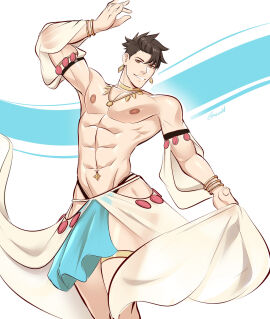 1boy abs athletic athletic_male belly_dancer belly_dancer_outfit brown_hair dancer dancer_outfit detached_sleeves fit fit_male gasaiv harem_boy harem_outfit hazel_eyes loincloth male male_only necklace short_hair solo