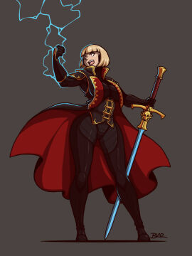 1girls ass big_ass black_background blazbaros blonde_female blonde_hair bodysuit cape clenched_teeth cloak closed_fist corset female female_only full_body fully_clothed gloves grey_background headgear headpiece hourglass_figure imperium_of_man inquisition_(warhammer_40k) inquisitor_(warhammer_40k) jacket lightning long_sword longsword no_background panties psychic psychic_energy psychic_powers psyker red_eyes short_hair skin_tight skin_tight_suit solo solo_female solo_focus suit sword thick_thighs visible_panties warhammer_(franchise) warhammer_40k wide_hips