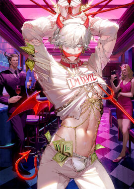 1girls 2boys arms_tied_above_head bare_midriff collar demon demon_boy demon_horns demon_tail female first_porn_of_character gabriel_(what_in_hell_is_bad) gagged gay gay_male hair_over_one_eye male male_focus midriff money nori31291404 pitchfork recording rope_bondage tagme torn_clothes what_in_hell_is_bad white_hair yaoi