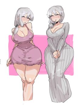 1girls bangs blush blush_lines blushing breasts closed_eyes covering_crotch dongtan_dress earrings female hands_on_crotch large_breasts leebongchun low_ponytail mature mature_female milf minidress mother multiple_outfits nipple_bulge nipples nipples_visible_through_clothing pearl_earrings pink_dress ponytail portrait short_hair slit_eyes smile solo sweater_dress tied_hair tight_clothing tight_dress triangle_mouth uzaki-chan_wa_asobitai! uzaki_tsuki white_dress white_hair