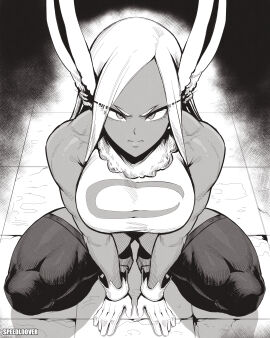 1girls absurdres animal_ears bare_shoulders boku_no_hero_academia breasts closed_mouth crescent_print dark-skinned_female dark_skin english_commentary female female_only fully_clothed fur_collar gloves grey_hair highres large_breasts leotard long_eyelashes long_hair looking_at_viewer mirko miruko monochrome my_hero_academia parted_bangs rabbit_ears rabbit_girl rumi_usagiyama sleeveless_turtleneck_leotard solo solo_female speedl00ver spread_legs squatting straight-on taut_leotard thick_thighs thighhighs thighs tile_floor tiles toned toned_female v-shaped_eyebrows