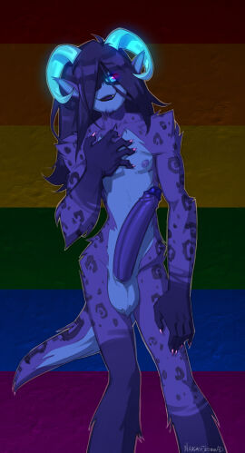 absurd_res balls big_penis blue_sclera curled_horn demon demon_humanoid erection facial_hair fangs fur genitals goatee half-closed_eyes hi_res horn huge_cock humanoid humanoid_genitalia humanoid_penis humanoid_pointy_ears lapinbeau lgbt_pride lgbt_pride_month male markings narrowed_eyes open_mouth open_smile penis purple_body purple_fur purple_spots rainbow_background rainbow_pride_colors simple_background smile solo spots spotted_body spotted_fur spotted_markings teeth