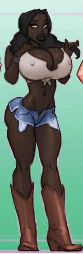 bimbo bimbo_body bimbo_lips black_hair black_lips black_lipstick bubble_butt cleavage cowboy_boots dark-skinned_female dark_skin higher_resolution_request huge_breasts low_res nipple_bulge short_shorts theofficialpit third-party_edit wasp_waist yellow_eyes