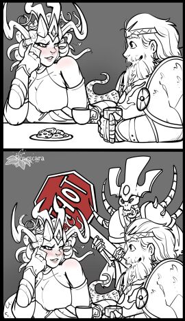 1girls aelf armor big_breasts biscuit blouse blush breasts breasts_bigger_than_head cookie cookies crown cup_of_tea dark_elf deity drink drinks druchii elf english_text female flirting flirting_look floating_heart food god goddess grand_alliance_death grand_alliance_order heart_symbol helmet imminent_attack jewel jewelry jug khaine leaning lich medusa morathi morathi-khaine mug naga nagash necromancer seductive seductive_look serpent serpentine serpentine_body sigmar_heldenhammer sign sitting skeleton smiling snake snake_girl snake_hair snakes stop_sign straight table tail text tight tight_clothes tight_clothing undead warhammer_(franchise) warhammer_age_of_sigmar warhammer_fantasy