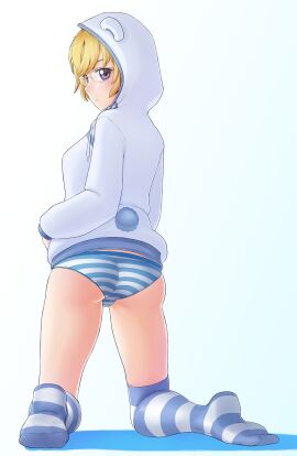 1girls ass back blonde_hair cameltoe feet female finalcake from_behind full_body glasses gradient_background hood hoodie ito_hikiotani looking_back panties punchline purple_eyes pussy short_hair solo striped_clothing striped_legwear striped_panties thighhighs underwear