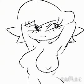 angry_face animated armpits arms_behind_back arms_up artie_(rt_afterhours) big_breasts black_and_white breasts curvy female hips long_eyelashes moving_hips presenting_breasts rt_afterhours short_hair spiky_hair swinging_breasts