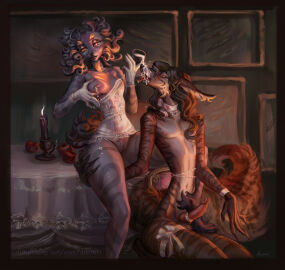 amber_eyes animal_genitalia animal_penis anthro beverage black_body black_fur bodily_fluids breast_milk_in_a_cup breasts brown_body brown_fur brown_hair canid canine canine_genitalia canine_penis choker clothing disonti drinking_milk duo erection female femboy fur genitals gloves hair handwear heron_stellanimus hi_res jewelry lactating legband lichinka lingerie long_hair long_tail male mammal maned_wolf milk necklace nipples orange_body orange_fur penis penis_clothing purple_body purple_fur pussy striped_body striped_fur stripes tail thighband tongue tongue_out white_body white_fur yellow_body yellow_fur