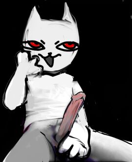 anthro big_penis black_background clothing domestic_cat erection felid feline felis fur genitals holding_penis humanoid humanoid_genitalia male mammal penis red_eyes shirt simple_background smug_face solo solo_focus toony topwear unknown_artist white_body white_clothing white_fur white_shirt white_topwear