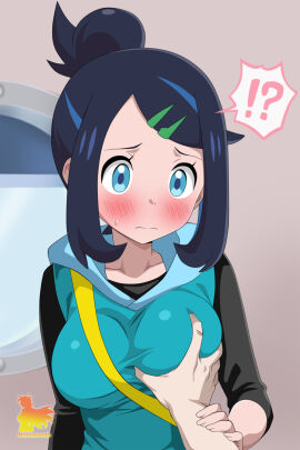 !? 1girls blue_eyes blue_hair blue_hoodie blush breast_grab breasts close-up clothed female female_human grabbing_another's_breast groping hair_bun hair_ornament hairclip highres hood hoodie human human_girl liko_(pokemon) medium_breasts metaminegl nintendo pokemon pokemon_(anime) pokemon_horizons pokemon_trainer pov pov_hands sexual_harassment single_hair_bun spoken_interrobang tagme upper_body