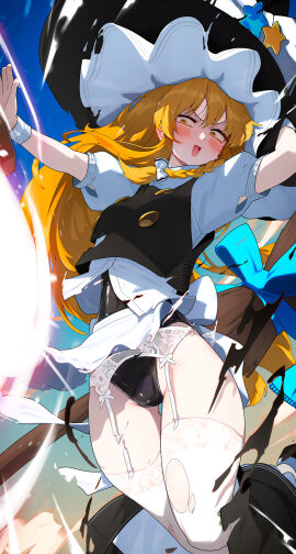 blush embarrassed female garter_straps hips hizake kashu_(hizake) marisa_kirisame swimsuit tagme thick_thighs thigh_gap thighs torn_clothes touhou