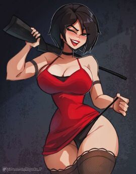 ada_wong bare_shoulders big_breasts black_hair black_thigh_highs black_thighhighs black_thong black_underwear blush blushing breasts cleavage clothed clothed_female female gun hourglass_figure large_breasts lipstick looking_at_viewer magaska19 panties patreon_username pulling_thong red_dress red_lipstick resident_evil rifle rifle_on_shoulder seductive seductive_eyes seductive_look seductive_mouth seductive_pose seductive_smile short_hair smile smiling thick_thighs thigh_highs thighhighs thighs wide_hips wink winking winking_at_viewer