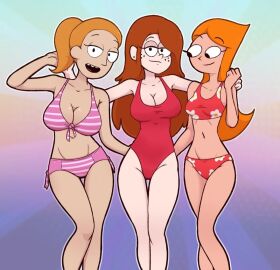3girls candace_flynn crossover female gravity_falls phineas_and_ferb red_hair redhead rick_and_morty summer_smith swimsuit wendy_corduroy