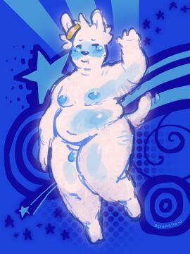 aesthetic anthro belly blush breasts canid canine detailed_background ecto_(ectomellow) ectomellow frutiger_metro fur genitals hair hi_res male mammal nipples nude overweight overweight_anthro overweight_male penis raised_arm small_penis solo star stretch_marks tail thick_thighs white_body white_fur white_hair