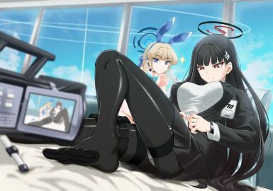 2girls animal_ears black_hair black_pantyhose blazer blonde_hair blue_archive blue_eyes blue_hair breasts camcorder fake_animal_ears female hair_ornament hairclip halo highres jacket long_hair multiple_females multiple_girls panties pantyhose penchivalry pleated_skirt rabbit_ears red_eyes ringed_eyes rio_(blue_archive) sitting skirt thighband_pantyhose toki_(blue_archive) toki_(bunny)_(blue_archive) underwear v video_camera watch white_panties wristwatch