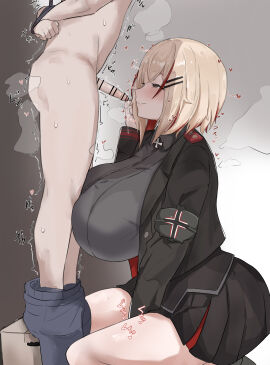 1boy 1girls 34ltiki_(l_tiki) azur_lane bar bar_censor big_breasts big_dom_small_sub blonde_hair blush bondage box breasts brown_eyes censored clothed_female_nude_male female femdom heart huge_breasts iron_blood_(azur_lane) large_breasts light-skinned_female light-skinned_male light_skin looking_at_partner ltiki male malesub on_box penis restrained roon_(azur_lane) rope rope_bondage shorts_around_legs side_view skirt small_penis small_penis_adoration smile sweat