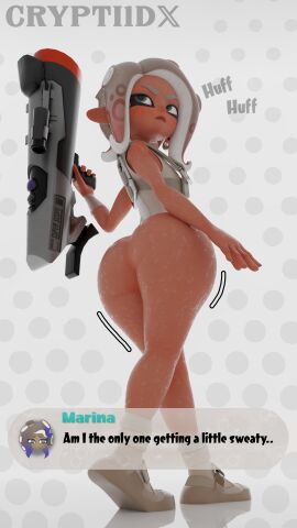 2girls 3d agent_8_(side_order) agent_8_(splatoon) ass ass_focus big_ass blaster blaster_(splatoon) blush casual clothed clothing crypti1d dark-skinned_female dark_skin female female_focus female_only footwear large_ass light_skin looking_back marina_(splatoon) nintendo rear_view s-blast s-blast_’92 short_hair simple_background solo solo_focus splatoon splatoon_(series) splatoon_3 splatoon_3:_side_order standing super_scope sweat text thick_thighs wo262_(3d_model_style)