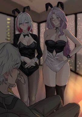 1boy 2girls breasts bunny_ears bunny_suit caelus_(honkai:_star_rail) exposed_breasts honkai:_star_rail hotel_room hoyoverse jade_(honkai:_star_rail) long_hair mihoyo pink_hair short_hair topaz_(honkai:_star_rail) trailblazer_(honkai:_star_rail) white_hair