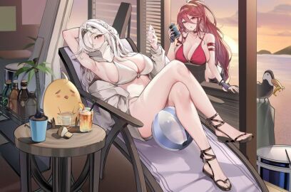 2girls armpits azur_lane bare_shoulders beach bikini bird black_gloves bottle braid breasts can cg chair cleavage colorado_(azur_lane) colorado_(sunset_cavatina)_(azur_lane) crossed_legs cup female fingerless_gloves gloves hair_between_eyes hairband holding jacket large_breasts long_hair looking_at_viewer lying manjuu_(azur_lane) maryland_(azur_lane) maryland_(red-hot_drummer)_(azur_lane) multiple_females multiple_girls o-ring o-ring_bikini official_alternate_costume one_eye_closed open_clothes ponytail red_bikini red_eyes red_hair sandals sitting swimsuit table thighs white_bikini white_hair