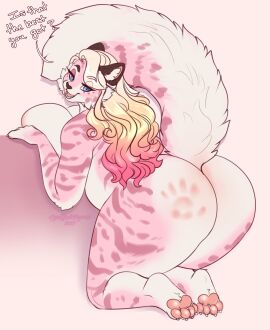2020 4_toes anthro areola ass big_ass big_breasts big_butt blonde_hair blue_eyes breasts curvy_figure dialogue digital_media_(artwork) english_text feet felid female fur hair hi_res highlights_(coloring) huge_ass huge_breasts huge_butt kneeling long_hair looking_at_viewer looking_back mammal marzipan_(spottedtigress) multicolored_body multicolored_fur open_mouth original overweight overweight_anthro overweight_female pantherine pawpads pink_background pink_body pink_fur pink_highlights signature simple_background solo spank_marks spottedtigress striped_body striped_fur stripes text thick_thighs tiger toes voluptuous white_body white_fur