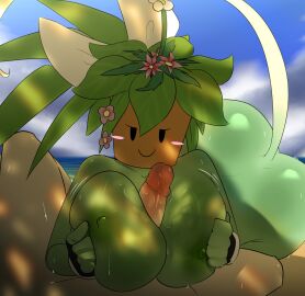 1boy 1girls anthro areola areolae ass beach bedroom_eyes big_ass big_breasts blaster_master blaster_master_zero_2 blush breasts commission female kanna_(blaster_master) lawgx male mob_face naked naked_female nipples nude paizuri penis penis_in_breasts plant plant_girl tail titfuck titjob titjob_pov