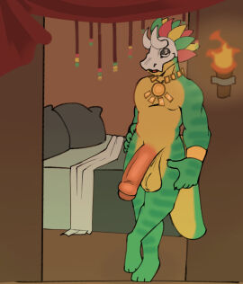 2025 anthro balls bed bedroom bedroom_eyes big_penis bone bone_mask bracelet colored digital_media_(artwork) foreskin furniture genitals headdress hi_res horn inviting inviting_to_sex jewelry knightferret lizardman male male_only mask narrowed_eyes necklace necklace_only nude penis scalie seductive skull skull_mask solo terraria torch uncircumcised witch_doctor_(terraria)