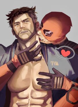 2boys abs beard black_gloves bodysuit brown_hair deadpool deadpool_&_wolverine_(2024) facial_hair gay gloves hand_on_another's_neck heart jacket large_pectorals lia_ria licking licking_another's_neck looking_at_another male male_focus male_only marvel marvel_cinematic_universe marvel_comics mask mask_lift mature_male multiple_boys multiple_males muscular muscular_male open_clothes open_mouth pectoral_grab pectorals red_bodysuit red_mask scar short_hair spoken_heart superhero_costume teeth tongue tongue_out twitter_username wolverine_(x-men) x-men yaoi