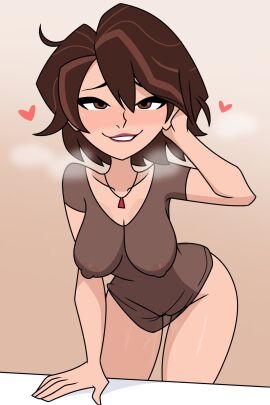 1girls alternate_version_available areolae aunt_cass big_breasts big_hero_6 breasts brown_eyes brown_hair brown_shirt cass_hamada dress_shirt female female_only hair heart hips lips looking_at_viewer marvel mature mature_female mature_woman milf necklace neckwear nipples pussy seductive seductive_look see-through see-through_clothing see-through_shirt shirt short_hair smile solo solo_female steam steamy steamy_breath theuncledoomer vagina