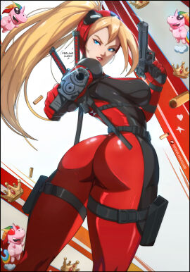 1girls anime_style ass ass_focus back back_view big_ass big_breasts big_butt blonde_hair blue_eyes breasts clothed clothing color english_text felox08 female female_focus female_only gun guns hi_res lady_deadpool ladypool large_breasts light-skinned_female light_skin long_hair looking_at_viewer marvel marvel_comics pistol solo solo_female suit sword tagme text text_bubble thick_thighs wanda_wilson