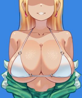 1girls 2025 big_breasts bikini bikini_top blonde_hair blue_background breasts cleavage dress_down earrings eyeless_female female female_only green_dress jezzgart leni_loud long_hair nickelodeon small_bikini smiling the_loud_house white_bikini white_bikini_top