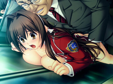breasts brown_eyes brown_hair female game_cg grabbing_another's_thighs highres large_breasts maishima_yuri molestation nerawareta_megami_tenshi_angeltia non-web_source pussy salaryman school_uniform sex skirt train_interior tsukumo_kazuita underwear vaginal_penetration