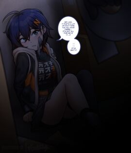 1boy 1girls belle_(zenless_zone_zero) blue_hair bound bound_legs bound_wrists captured cardboard_box caught darkness dialogue duct_tape female jacket legs_together magnolia-baillon male open_mouth peril shirt shoes skirt struggling text_bubble zenless_zone_zero