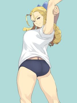 2d armpits arms_up ass athletic athletic_female bare_legs blonde_hair bloomers breasts brown_eyes bubble_ass bubble_butt buruma busty capcom drill_hair female female_focus female_only hourglass_figure karin_kanzuki long_hair looking_at_viewer looking_back panties pinup pinup_pose pose posing rear_view rolled_up_sleeves sideboob standing street_fighter street_fighter_alpha t-shirt tagme themanyoukilled wide_hips