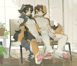 4_toes 5_fingers anthro areola arm_around_shoulders balls belly bench big_ears big_penis biped black_body black_fur black_hair black_nose blonde_eyebrows body_hair brown_hair brown_nose button_ears canid canine canis casual_nudity claws cute_fangs domestic_dog duo ear_piercing exposed eyebrows fangs feet fingers flaccid floor floppy_ears fluffy fluffy_tail foreskin fur genitals glans gloves_(marking) grey_body grey_ears grey_fur grey_hair hair half-erect hand_on_knee hand_on_leg happy_trail hi_res humanoid_genitalia humanoid_penis inside leg_on_thigh long_foreskin long_penis looking_at_viewer male male/male male_anthro male_only mammal markings milkybot mouth_closed multicolored_body multicolored_fur multicolored_hair multicolored_penis narrowed_eyes nude nude_anthro nude_male object_in_mouth on_bench partially_retracted_foreskin pawpads penis piercing pink_areola pink_foreskin pink_glans pink_pawpads pink_penis plant plant_pot plantigrade plantigrade_pawpads popsicle_stick potted_plant pubes red_eyes retracted_foreskin sitting sitting_on_bench social_nudity stick_in_mouth tail teeth toe_claws toes tongue tongue_out two-tone_hair two-tone_penis uncircumcised unretracted_foreskin urethra white_balls white_belly white_body white_chest white_claws white_eyebrows white_fur white_penis yellow_body yellow_eyes yellow_fur