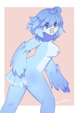 1girls 2025 avian beak big_breasts bird blue_body blue_feathers blue_hair blush breasts female looking_at_viewer martlet_(undertale_yellow) shirlxt solo solo_female solo_focus tagme two-tone_body undertale undertale_(series) undertale_yellow winged_arms wings