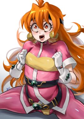 1girls ambiguous_emotion cameltoe clothing commission ear_piercing earrings female female_only flat_chest freckles gloves intense_face lina_inverse long_hair looking_at_viewer noblood orange_hair piercing png pussy red_eyes ryandomonica slayers solo splits thick_thighs white_background wide_hips