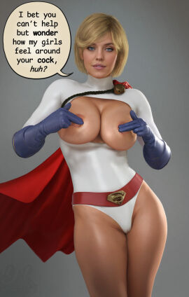 3d areola areolae big_breasts blonde-haired_female blonde_female blonde_hair breasts celebrity covered_nipples dc dc_comics drdabblur female female_focus female_only kara_zor-l karen_starr light-skinned_female light_skin newspaper power_girl pubic_hair real_person signature speech_bubble superman_(series) sydney_sweeney text thick_thighs