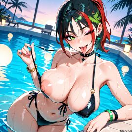 (titancore) ai_generated big_breasts bikini_bottom bikini_top black_hair curvy_figure female fortnite fortnite:_battle_royale freckles freckles_on_face girl green_hair hair_ornament helsie_(fortnite) hot_body hot_day multicolored_hair naughty_face naughty_girl outside puffy_nipples red_hair revealing_swimsuit showing_breast swimming swimming_pool thick_thighs tounge_out tropical_resort video_game_character water wet_body wet_skin