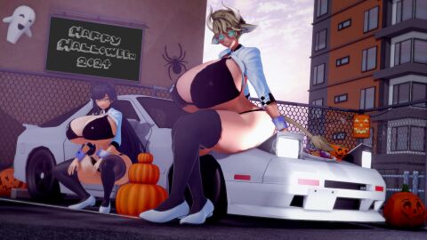 2girls 3d bikini black_hair car female halloweed horns long_hair looking_at_viewer original original_character spread_legs tagme thighhighs