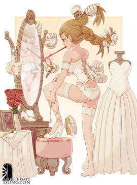 brett_neufeld corset disembodied_hand dressing dressing_room female high_heels lingerie magic marble_gate_dungeon mirror stockings thighhighs underwear wedding_dress