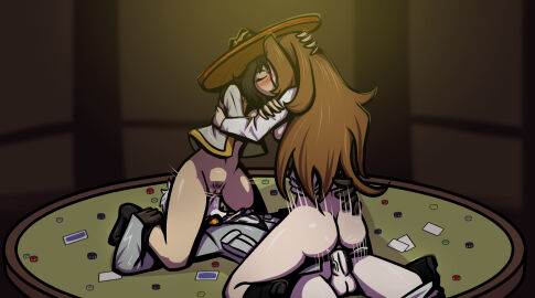 1boy 2girls aida_(limbus_company) bakaiju bisexual bisexual_female closed_eyes cowgirl cowgirl_position cunnilingus eating_pussy female gambling hand_on_hip hugging jacket kiss kissing limbus_company male mexican poker poker_cards poker_chips poker_table project_moon pussy pussy_eating reverse_spitroast rodion_(limbus_company) sex_on_table sonya_(limbus_company) table