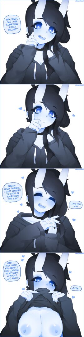 1girls ahegaokami areolae big_breasts black_hair blue_eyes blue_skin blush breasts choker comic_strip couple cute demon demon_girl english_text female female_focus half-closed_eyes happy heart-shaped_pupils highres hoodie large_breasts long_image looking_at_viewer nipples oni_female oni_horns original pov_eye_contact presenting_breasts smile speech_bubble spooky_(ahegaokami) talking_to_viewer text white_background wholesome
