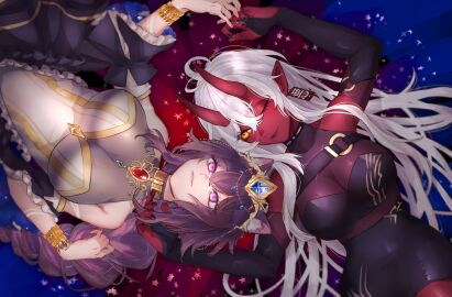 2girls akumi armpits bare_shoulders big_breasts bracelet breasts choker cleavage detached_sleeves dress earrings elbow_gloves female gloves horns jewelry large_breasts long_hair looking_at_viewer lying multiple_females multiple_girls on_back one_eye_closed oni oni_horns pointy_ears purple_eyes red_skin scars smile virtual_youtuber vyugen white_hair yellow_eyes