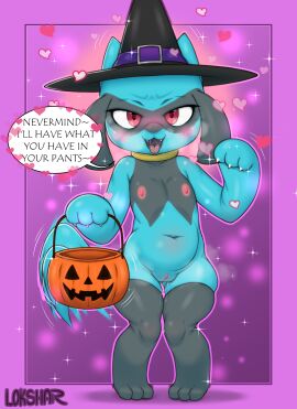 1girls anthro anthro_female anthro_only anthro_solo areola blue_body blue_fur blush blush_lines bodily_fluids breasts candy_bucket canid canine clothing costume cub dialogue english english_text female female_cub female_only flat_chest flat_chested food fruit fur fur_markings furry furry_female furry_only generation_4_pokemon genital_fluids genitals halloween halloween_costume hat hat_only headgear headgear_only headwear headwear_only heart_eyes heart_symbol hi_res holidays looking_at_viewer mammal markings mostly_nude navel nintendo nipples plant pokemon pokemon_(species) pumpkin pussy red_eyes riolu saliva saliva_string small_breasts smile smiling_at_viewer solo solo_anthro solo_female sparkles speech_bubble standing steam tagme tail text tongue tongue_out ultama_lokshar_(artist) url vaginal_fluids witch_costume witch_hat young young_anthro young_female