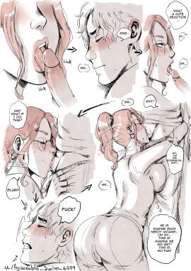 1boy 1girls agreeable_swim_6551 ass blowjob blush bubble_ass bubble_butt closed_eyes clothed deepthroat deepthroat_hug english_text erection fellatio female glasses licking_penis lucy_(agreeable_swim_6551) male milf monochrome mostly_monochrome ms_robinson_(agreeable_swim_6551) older_female_and_younger_male oral oral_sex penis pussy pussy_juice_through_clothing slurp speech_bubble spot_color thought_bubble wet_spot