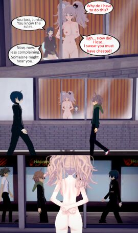 2girls 3boys 3d asian asian_female asian_male ass blue_eyes blush blushing breasts brown_hair clothed clothed_female clothed_female_nude_female clothed_male clothed_male_nude_female completely_nude danganronpa embarrassed embarrassed_nude_female enf female hands_behind_back hinata_hajime junko_enoshima koikatsu light-skinned_female light_skin male mukuro_ikusaba naegi_makoto navel nude nude_female nude_female_clothed_female nude_female_clothed_male pink_hair public public_nudity pussy saihara_shuuichi sitting speech_bubbles standing tagme twintails ultimateenf walking